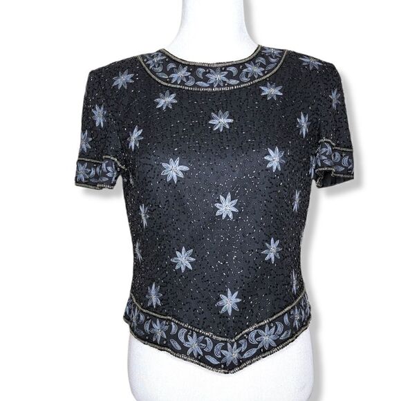 Cote D Azur Bead Embellished Cropped Silk Blouse Size Medium - Picture 1 of 13